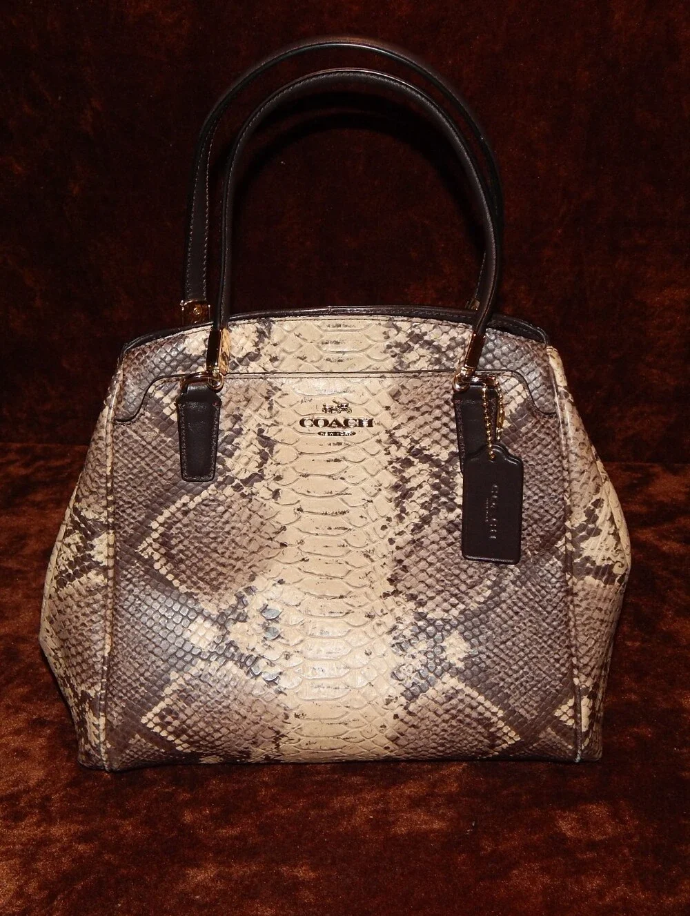 Coach Python-Embossed Satchel in Brown and Cream